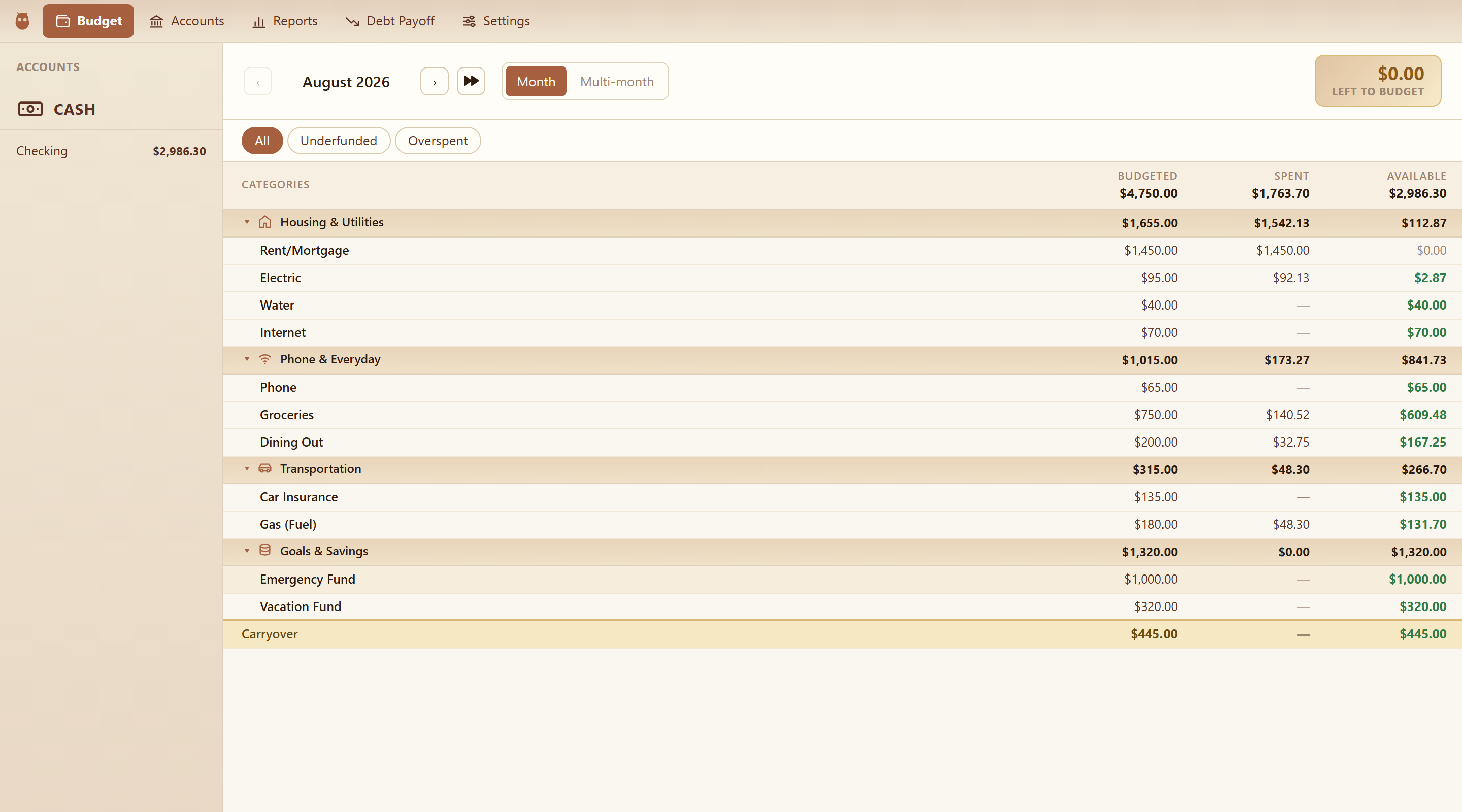 The OWL Budget screen in the Penny theme, with the Ledger, Hearth and Vault themes spread behind it like cards on a table.